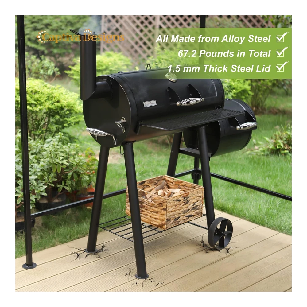 b09n92yrpf_4.webp Captiva Designs Parrilla de Carbón con Ahumador Offset - Ahumador de Acero Hecho de Metal - Área de Cocción de 512" Cuadradas - El Mejor Combo para Jardín Al Aire Libre - Patio y Cocina En El Patio Trasero