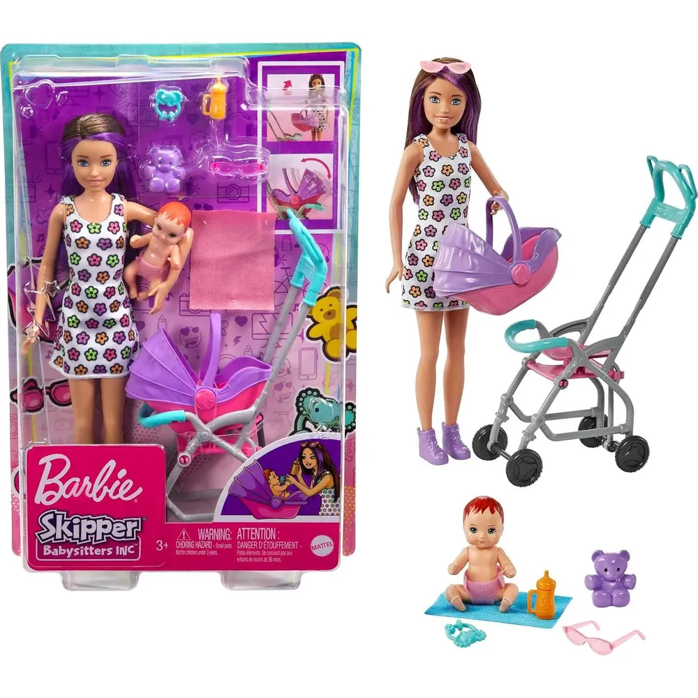 BARBIE SKIPPER BABYSITTERS SET NIÑERA CON BEBÉ Y ACCESORIOS