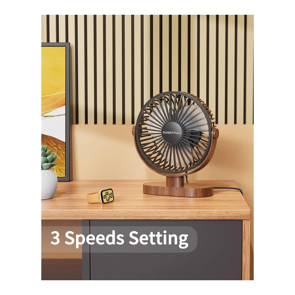 SWEETFULL VENTILADOR DE ESCRITORIO USB 6.5" – SILENCIOSO, PORTÁTIL DE 3 VELOCIDADES Y 360° – GRANO DE MADERA NEGRO