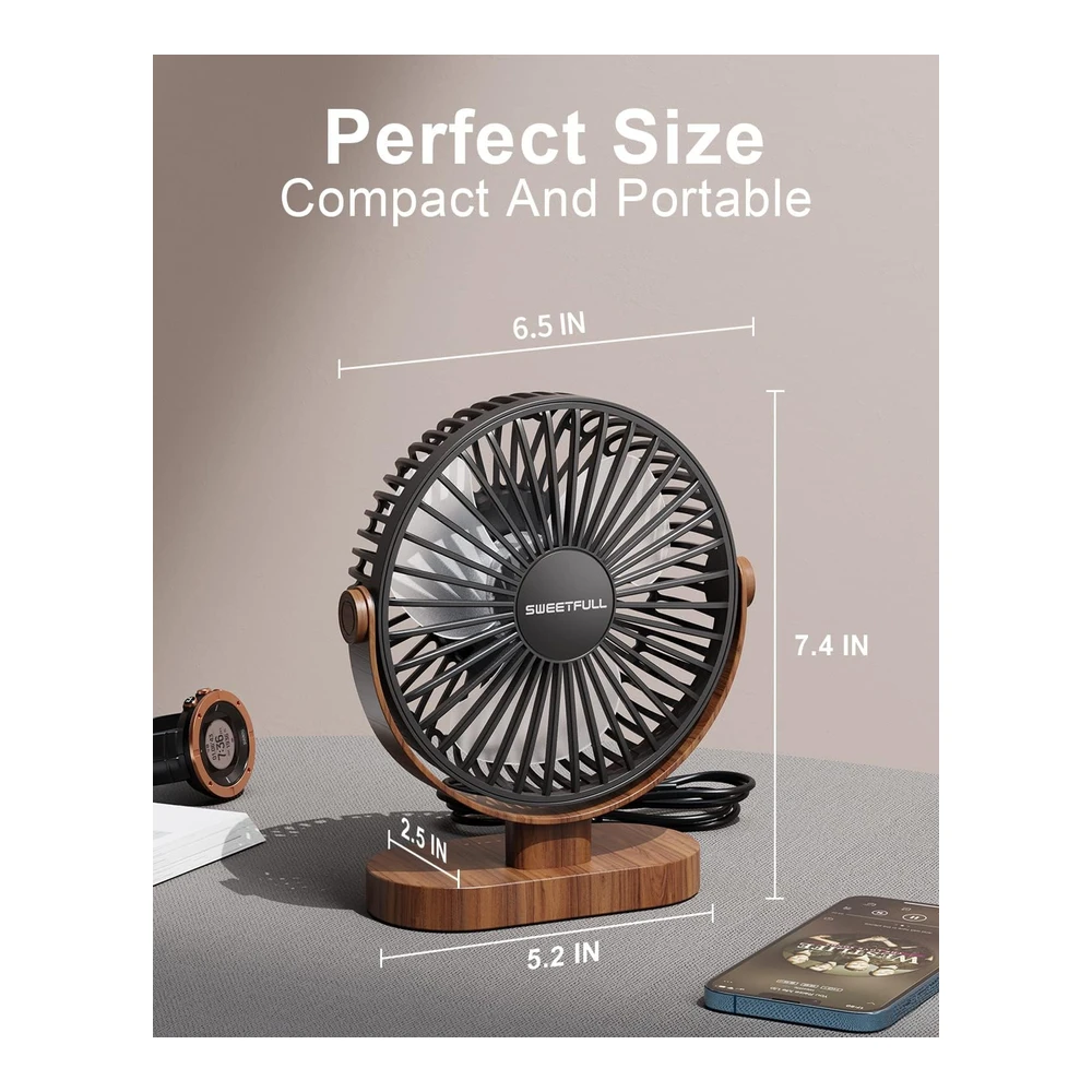 SWEETFULL VENTILADOR DE ESCRITORIO USB 6.5" – SILENCIOSO, PORTÁTIL DE 3 VELOCIDADES Y 360° – GRANO DE MADERA NEGRO
