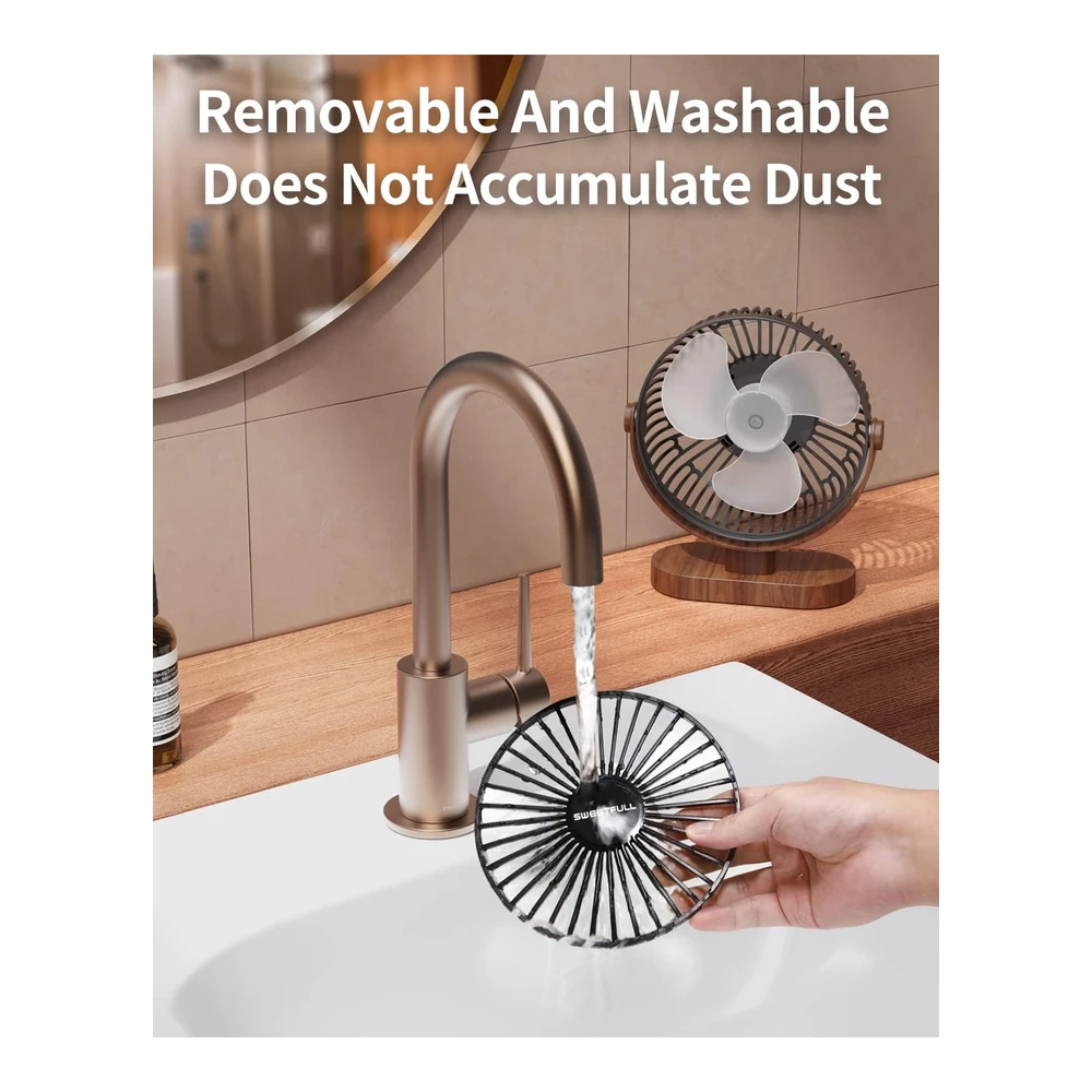 SWEETFULL VENTILADOR DE ESCRITORIO USB 6.5" – SILENCIOSO, PORTÁTIL DE 3 VELOCIDADES Y 360° – GRANO DE MADERA NEGRO