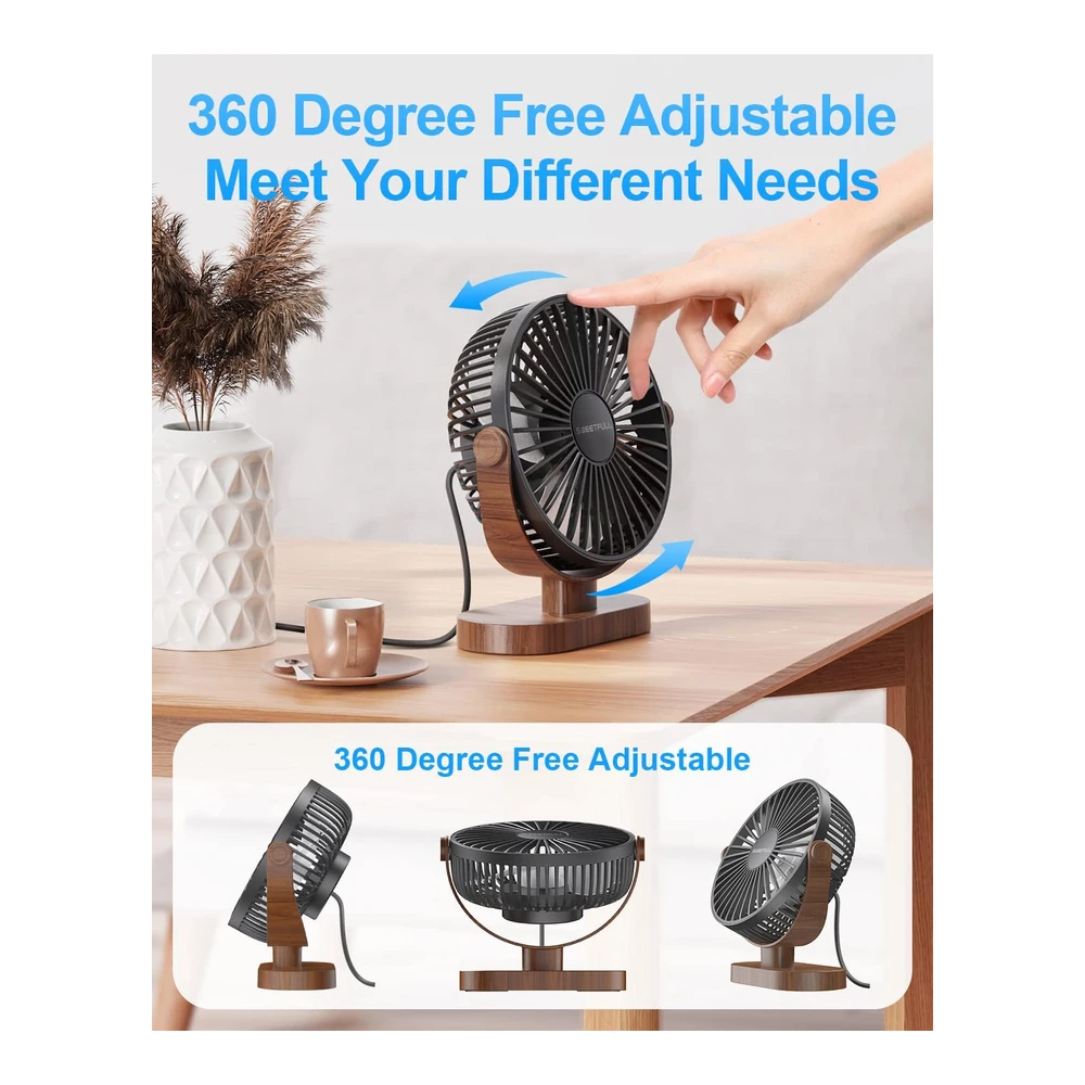 SWEETFULL VENTILADOR DE ESCRITORIO USB 6.5" – SILENCIOSO, PORTÁTIL DE 3 VELOCIDADES Y 360° – GRANO DE MADERA NEGRO