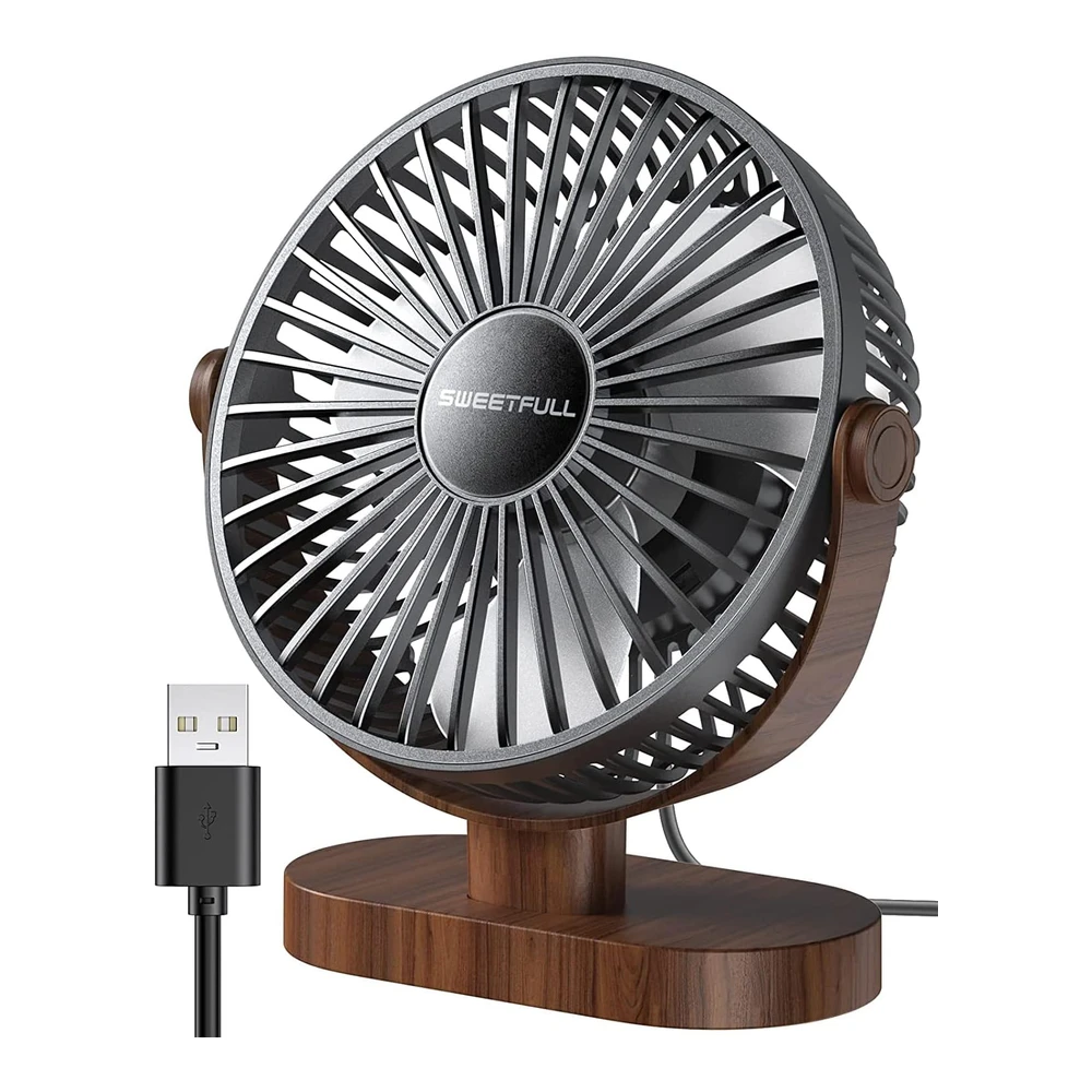 SWEETFULL VENTILADOR DE ESCRITORIO USB 6.5" – SILENCIOSO, PORTÁTIL DE 3 VELOCIDADES Y 360° – GRANO DE MADERA NEGRO