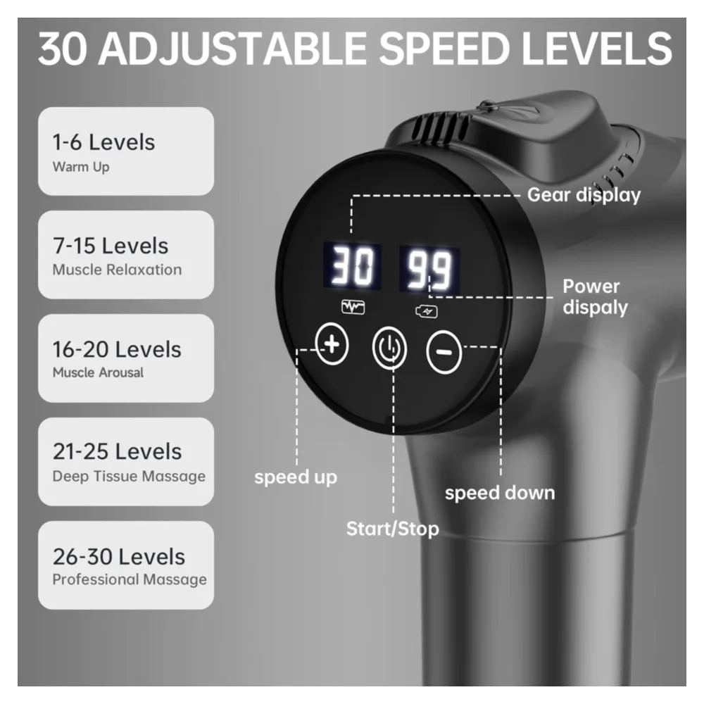PISTOLA DE MASAJE MUSCULAR ELÉCTRICA, 30 NIVELES DE VELOCIDAD, GRIS