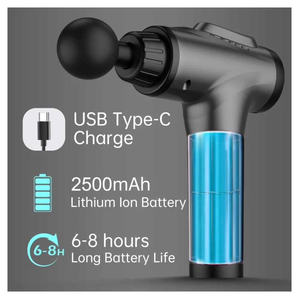 PISTOLA DE MASAJE MUSCULAR ELÉCTRICA, 30 NIVELES DE VELOCIDAD, GRIS