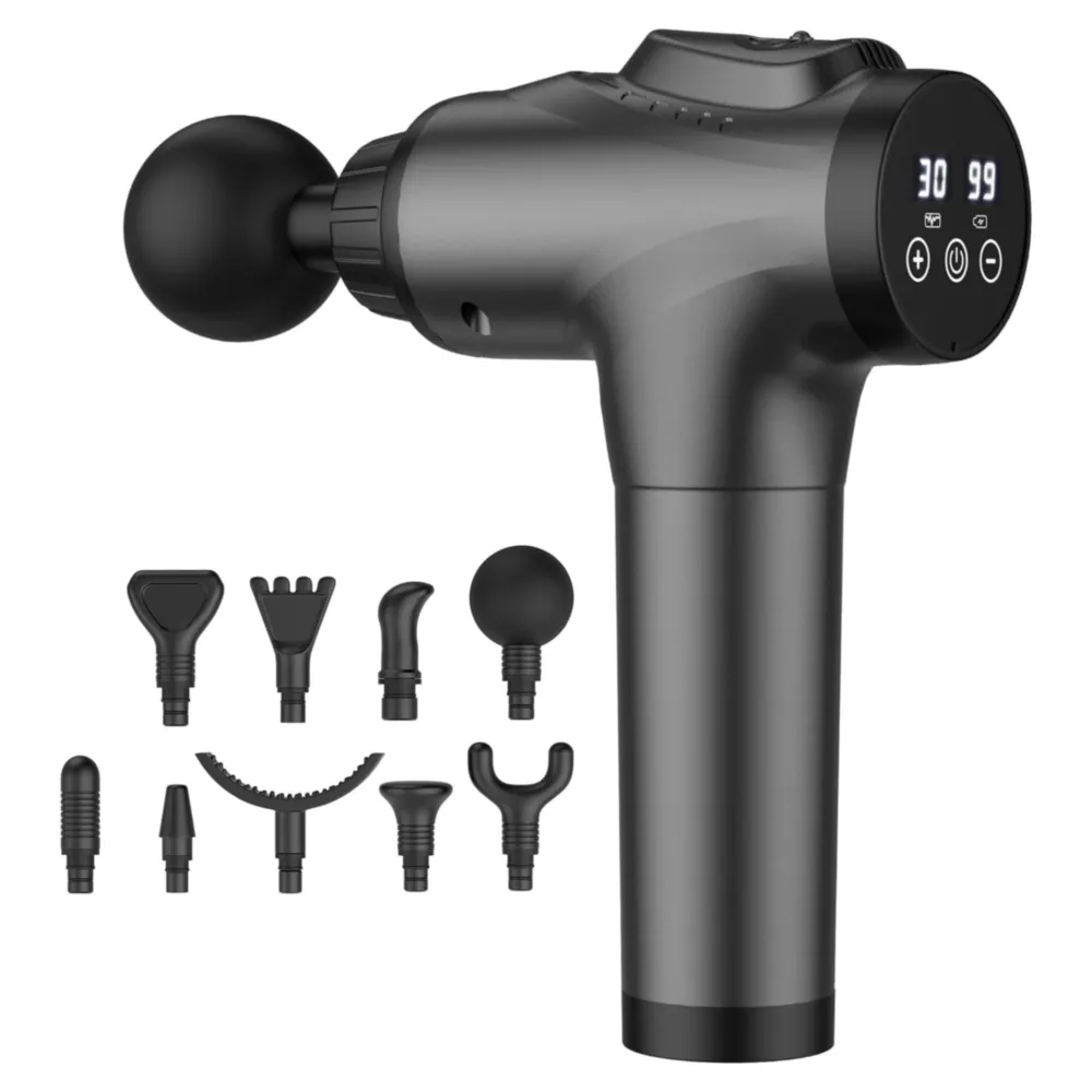 PISTOLA DE MASAJE MUSCULAR ELÉCTRICA, 30 NIVELES DE VELOCIDAD, GRIS