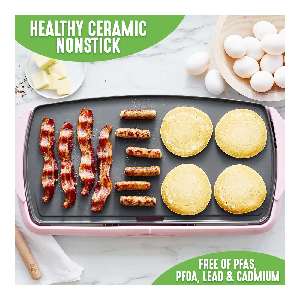 Greenlife Plancha Eléctrica Antiadherente de Cerámica Saludable - Extra Grande de 20" para Panqueques - Huevos - Hamburguesas y Más - Asas que se Mantienen Frescas - Bandeja de Goteo Extraíble - Control de Temperatura Ajustable - Sin Pfas - Rosa
