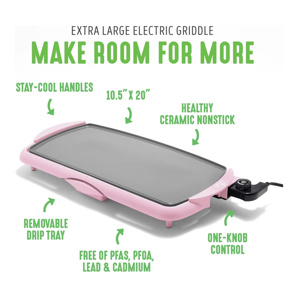 Greenlife Plancha Eléctrica Antiadherente de Cerámica Saludable - Extra Grande de 20" para Panqueques - Huevos - Hamburguesas y Más - Asas que se Mantienen Frescas - Bandeja de Goteo Extraíble - Control de Temperatura Ajustable - Sin Pfas - Rosa