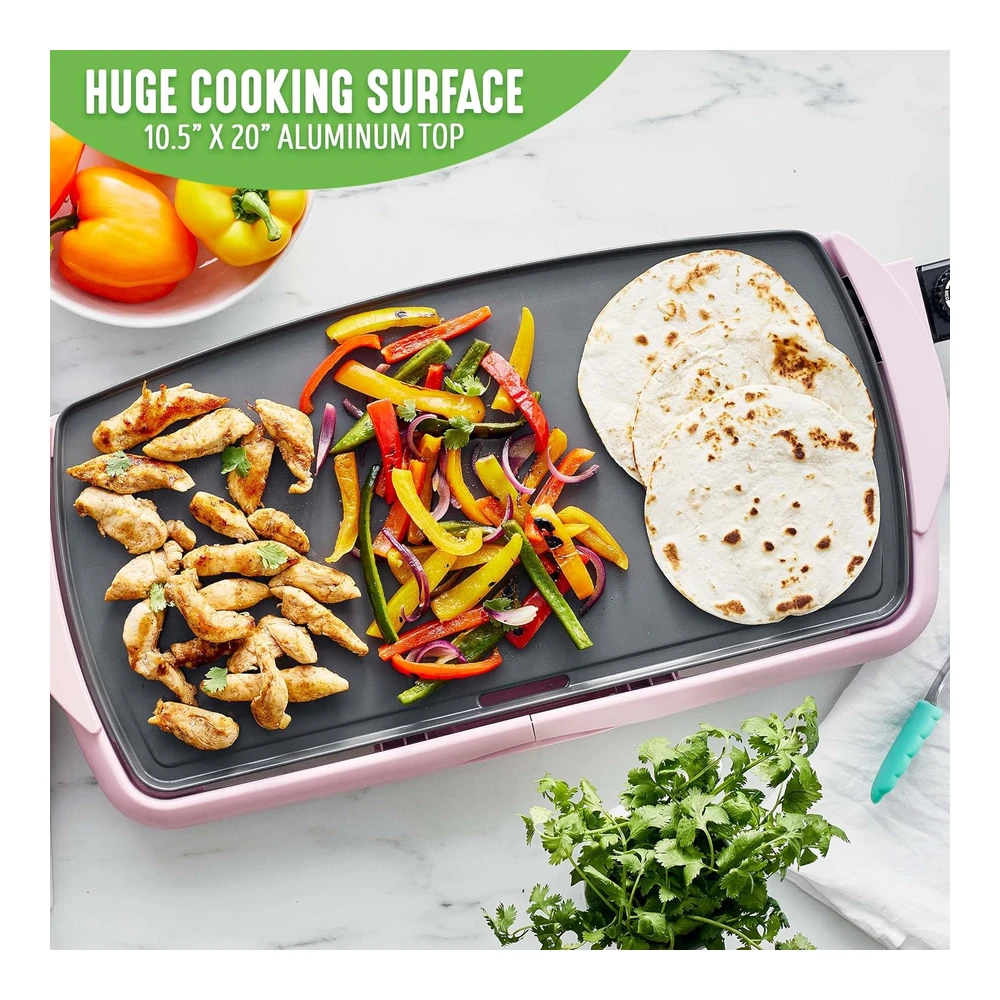 Greenlife Plancha Eléctrica Antiadherente de Cerámica Saludable - Extra Grande de 20" para Panqueques - Huevos - Hamburguesas y Más - Asas que se Mantienen Frescas - Bandeja de Goteo Extraíble - Control de Temperatura Ajustable - Sin Pfas - Rosa