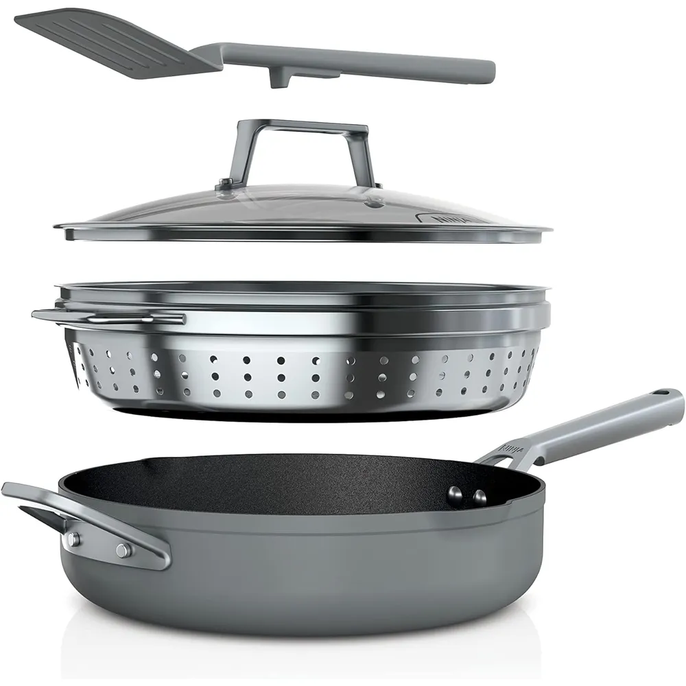Ninja sartén Foodi Neverstick con tapa, colador y espátula, apta para horno, 4 qt / 3,8 L | Gris