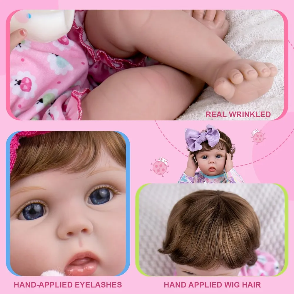 AORI muñeca bebé Realista 22"/56 cm con accesorios | Mariquita rosa