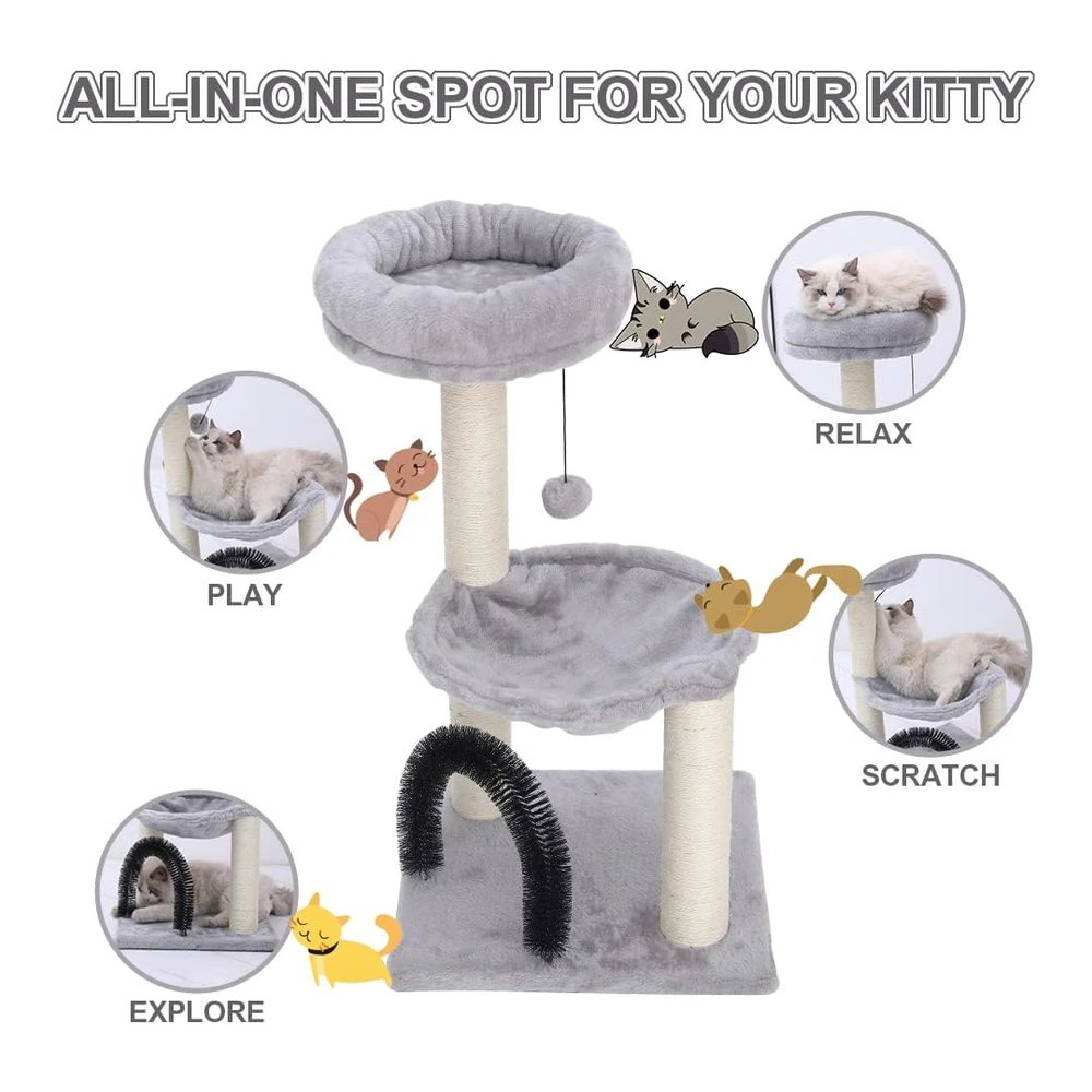 b09tvctwlr_3.webp Hoopet Torre de 27.8" para Gatos Árbol de Varios Niveles con Postes para Rascar Canasta de Felpa con Bola Colgante | Gris