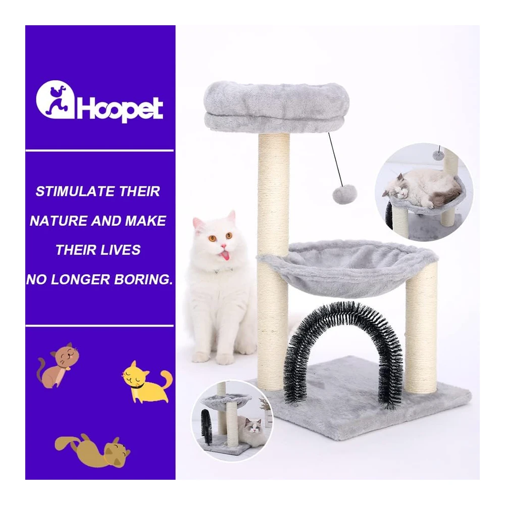 b09tvctwlr_4.webp Hoopet Torre de 27.8" para Gatos Árbol de Varios Niveles con Postes para Rascar Canasta de Felpa con Bola Colgante | Gris