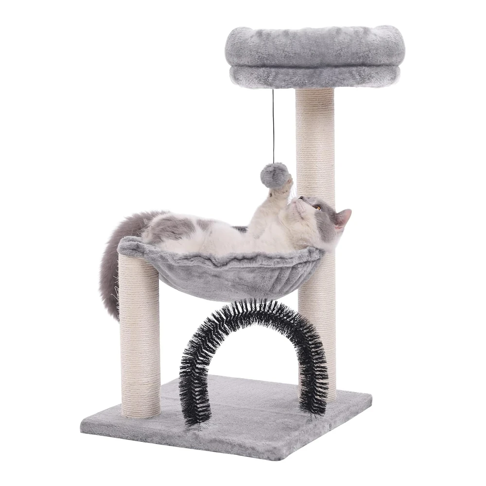 Hoopet Torre de 27.8" para Gatos Árbol de Varios Niveles con Postes para Rascar Canasta de Felpa con Bola Colgante | Gris