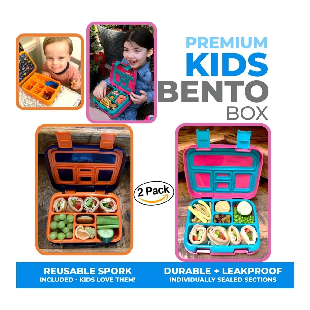 Lonchera Bento para niños y Niñas - 5 Secciones de Porciones Paquete de 2 Unidades