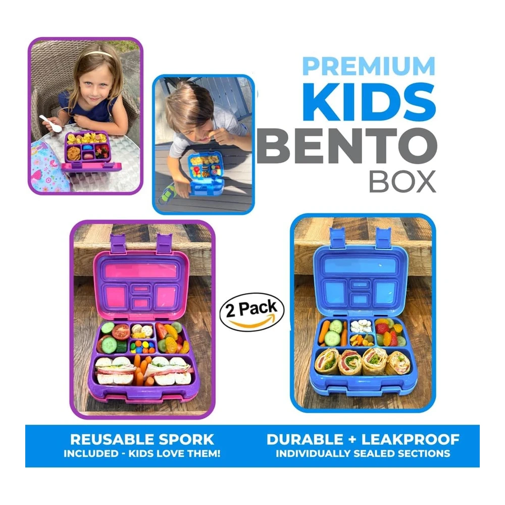 Lonchera Bento para niños y Niñas - 5 Secciones de Porciones Paquete de 2