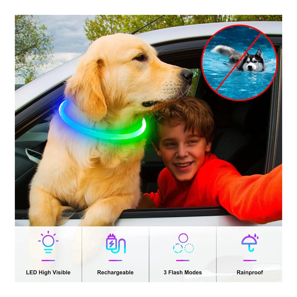 Collares de Perro Iluminados - Collar Multicolor USB Recargable con Led Dlitk 1 Unidad - Collar Brillante de Poliuretano Termoplástico para Perros - Collar Ligero para Perros Grandes - Medianos y Pequeños que Caminan Por La Noche (Verde + Azul)