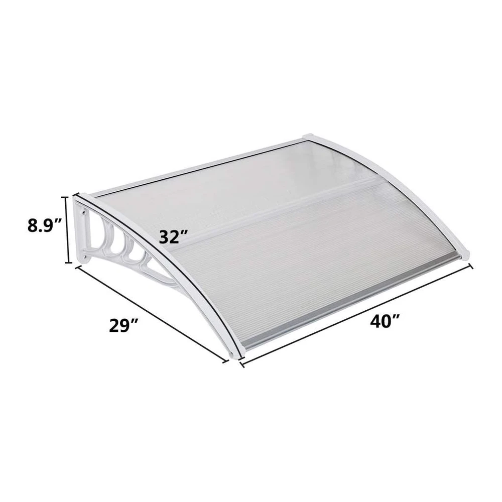 Outvita - Toldo para Puerta - 40 X 30" - Cubierta de Policarbonato para Puerta Delantera - Toldo para Patio Al Aire Libre - Toldo con Protección Uv - Lluvia - Nieve - Luz Solar - Hoja Hueca - Tablero Transparente y Soporte Blanco