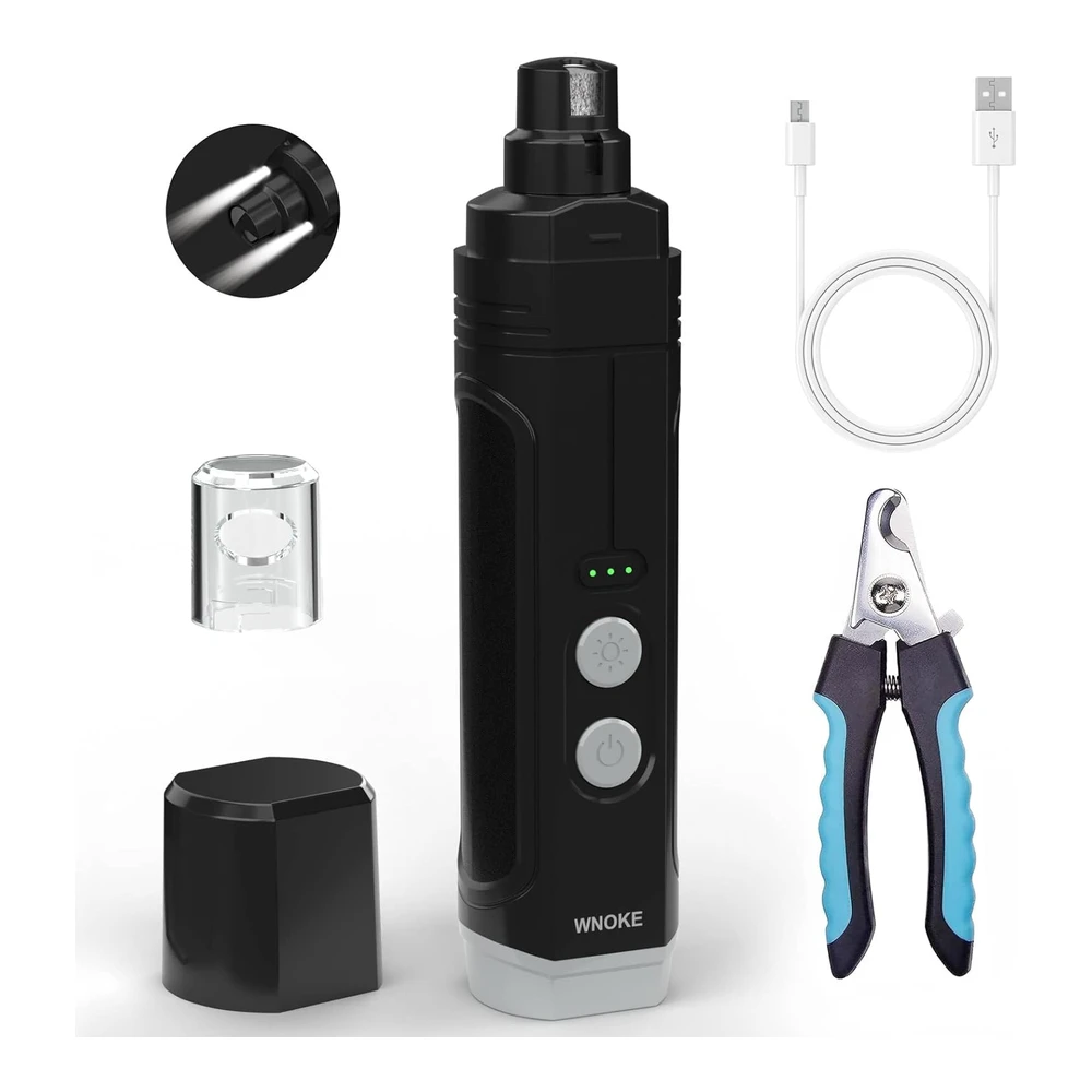 Wnoke Molinillo de Uñas para Mascotas Pequeño Mediano y Grande con Juego de Cortaúña de Bajo Ruido con Luz Led Inalámbrico Negro | Multicolor