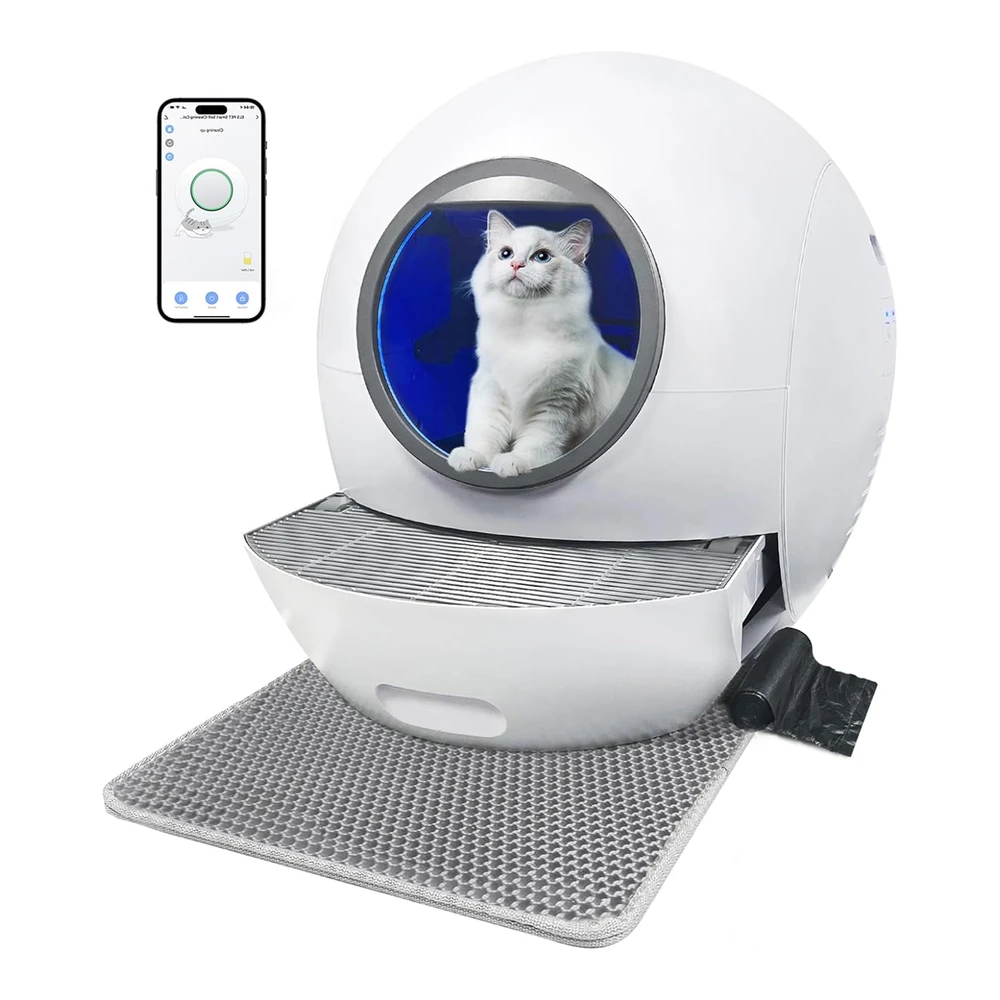 Kungfupet Caja de Arena para Gatos con Autolimpieza Inteligente Extragrande con Alfombrilla y Forro Aplicaciones / Sin Olores | Blanco