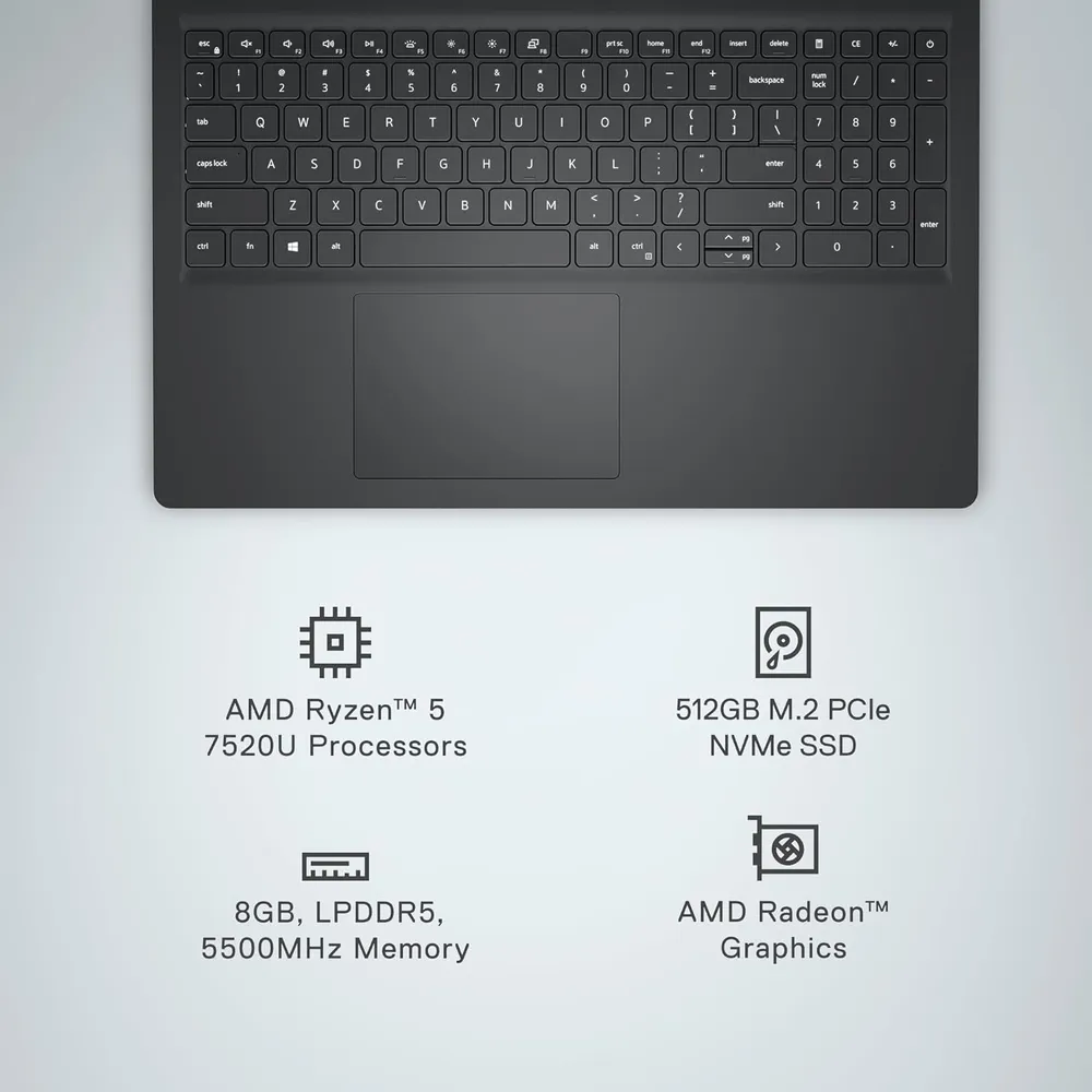 LAPTOP INSPIRON 15 RYZEN 5 7520U DELL 15.6" 512GB SSD 8GB RAM W11 - TECLADO INGLÉS | NEGRO CARBÓN
