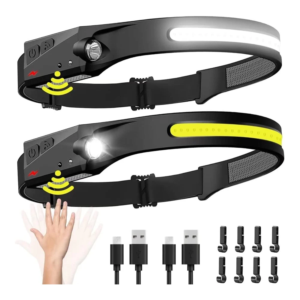 Linterna Frontal Recargable 2 Unidades - 230° de Haz Ancho Led con Sensor de Movimiento para Adultos - Accesorios de Campamento - Linterna Impermeable para Senderismo - Correr - Reparación - Pesca - Ciclismo