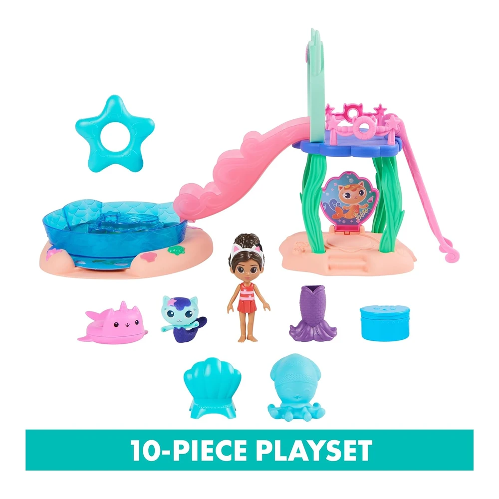 Gabby's Dollhouse - Purr-Ific Pool Juego de Piscina de Gabby y Mercat, Colas de Sirena que Cambian de Color y Accesorios de Piscina