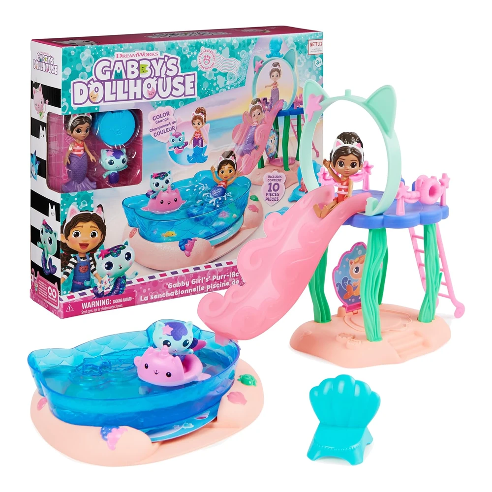 Gabby's Dollhouse - Purr-Ific Pool Juego de Piscina de Gabby y Mercat, Colas de Sirena que Cambian de Color y Accesorios de Piscina