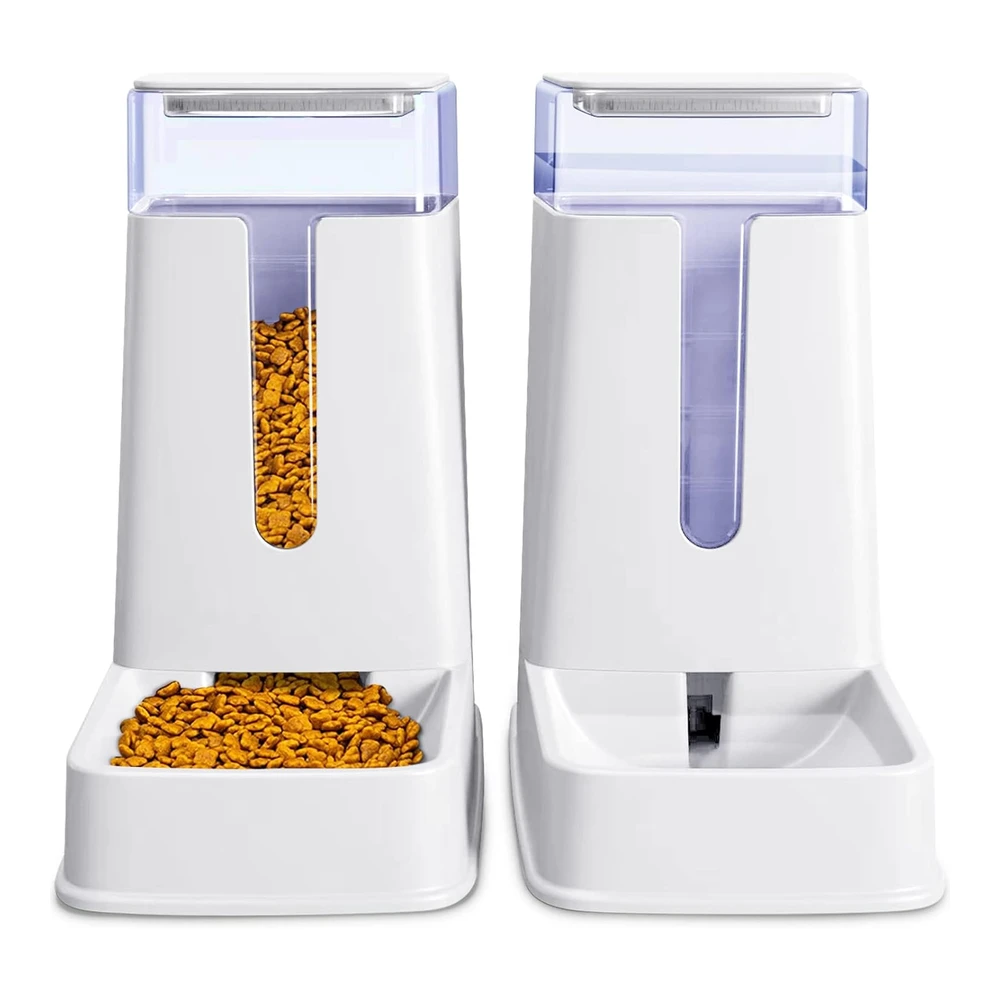 Comedero Automático para Gatos y Dispensador de Agua En Juego - 2 Paquetes de 1 Galón para Perros Pequeños - Medianos y Grandes - Cachorros - Gatitos (Blanco)