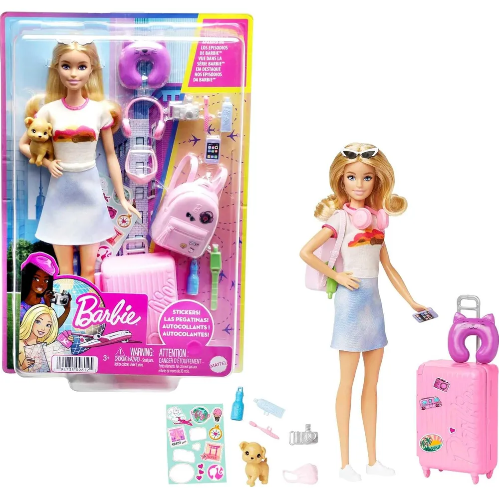 BARBIE MUÑECA VIAJE CON MALETA Y CACHORRO RUBIA