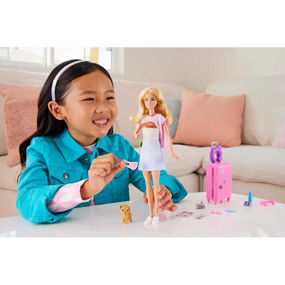 BARBIE MUÑECA VIAJE CON MALETA Y CACHORRO RUBIA