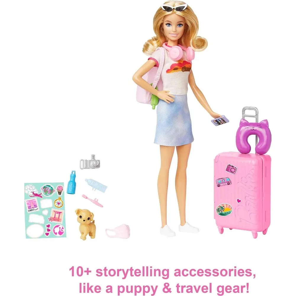 BARBIE MUÑECA VIAJE CON MALETA Y CACHORRO RUBIA