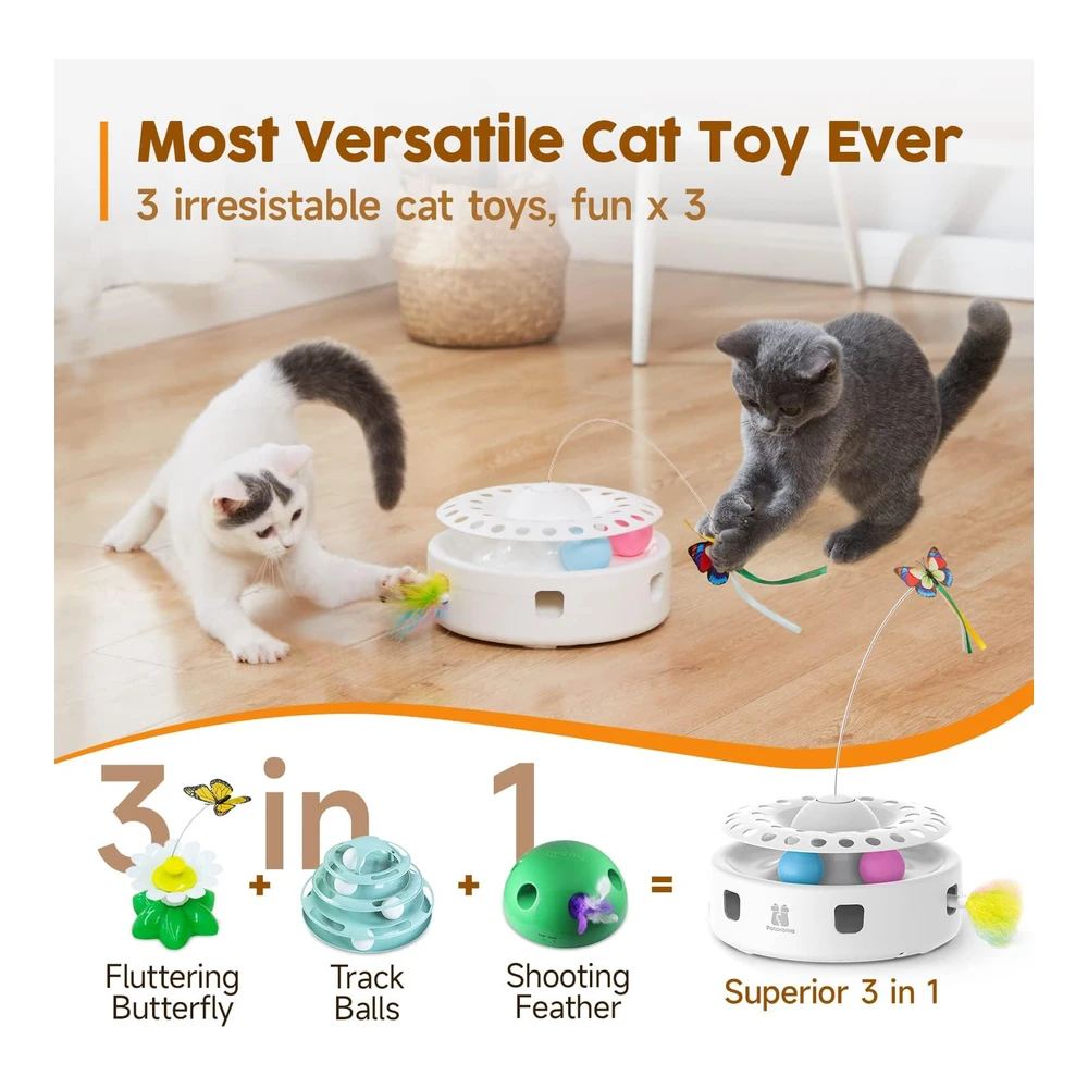 Potaroma Cat Toys Juguete Interactivo 3 En 1 para Gatitos Mariposa Revoloteando Pluma En Movimiento Bolas de Seguimiento Por USB | Blanco