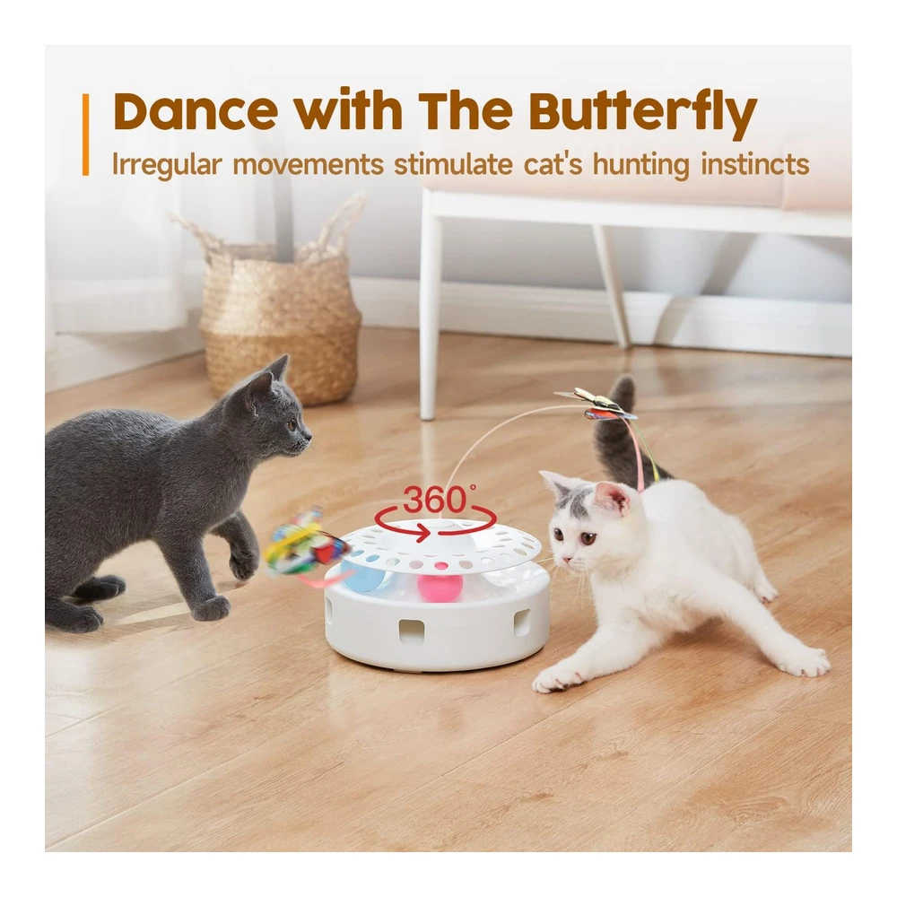 Potaroma Cat Toys Juguete Interactivo 3 En 1 para Gatitos Mariposa Revoloteando Pluma En Movimiento Bolas de Seguimiento Por USB | Blanco