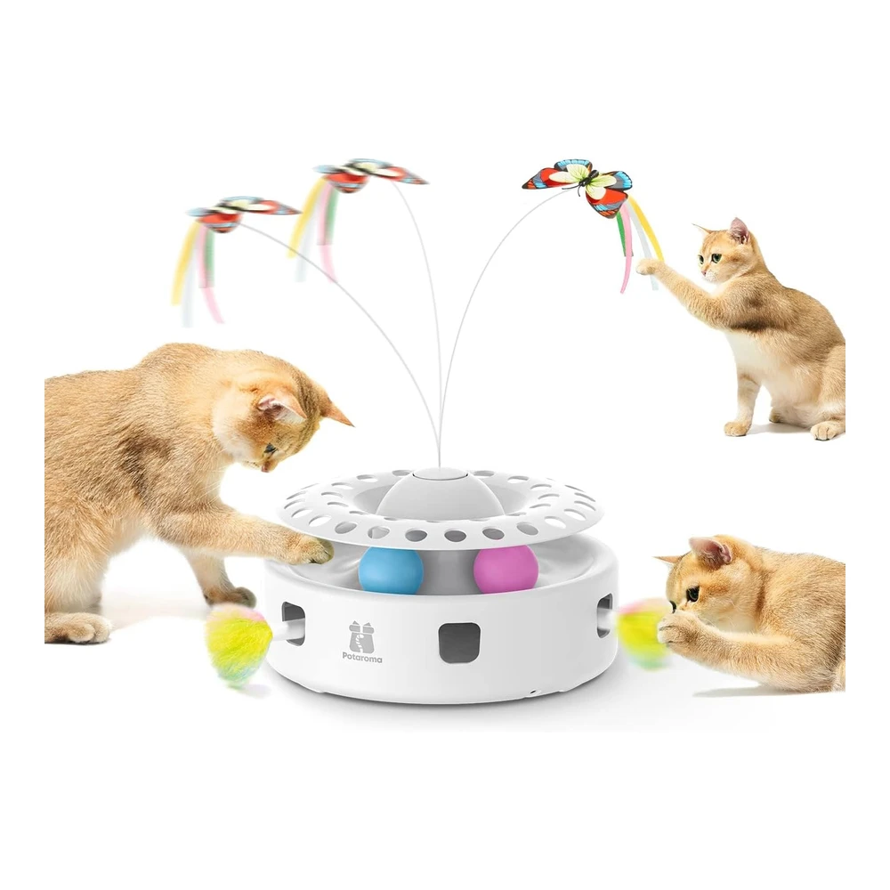 Potaroma Cat Toys Juguete Interactivo 3 En 1 para Gatitos Mariposa Revoloteando Pluma En Movimiento Bolas de Seguimiento Por USB | Blanco