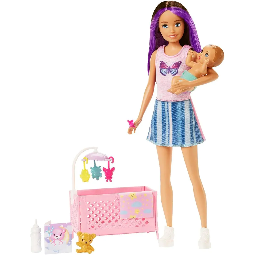 BARBIE SKIPPER SET CUNA BEBÉ MORADO