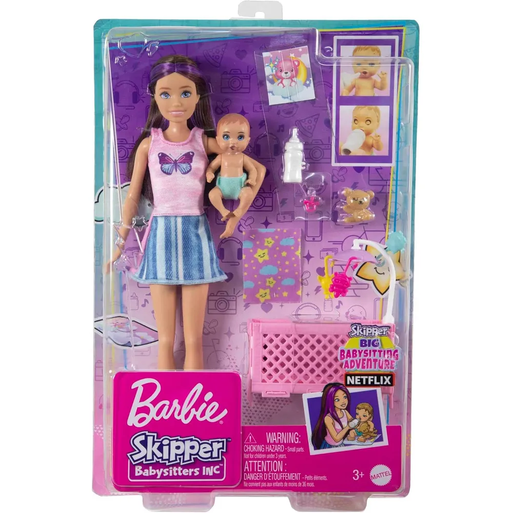 BARBIE SKIPPER SET CUNA BEBÉ MORADO