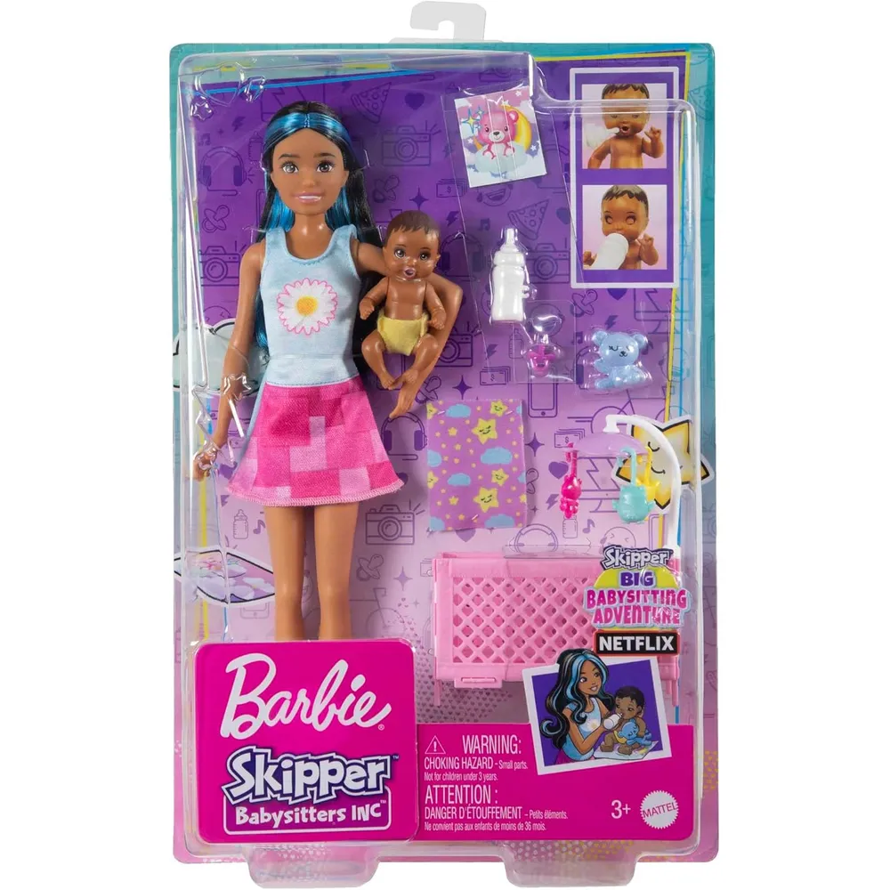BARBIE SKIPPER SET CUNA BEBÉ AZUL