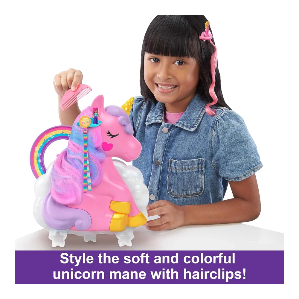 Polly Pocket Juguete de Viaje 2 En 1 - Cabeza de Salón de Unicornio Arcoíris con 2 Micro Muñecas y Más de 20 Accesorios