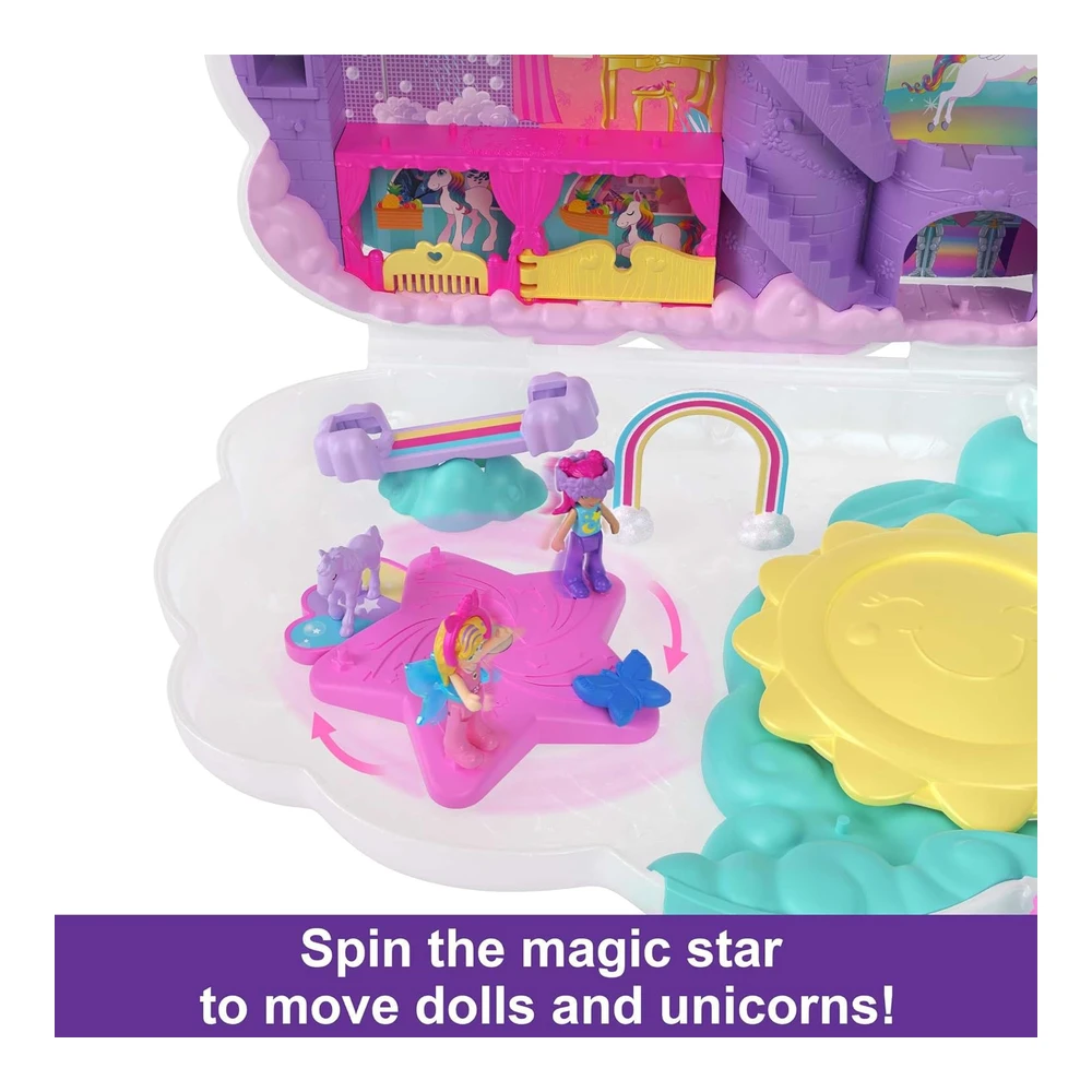 Polly Pocket Juguete de Viaje 2 En 1 - Cabeza de Salón de Unicornio Arcoíris con 2 Micro Muñecas y Más de 20 Accesorios