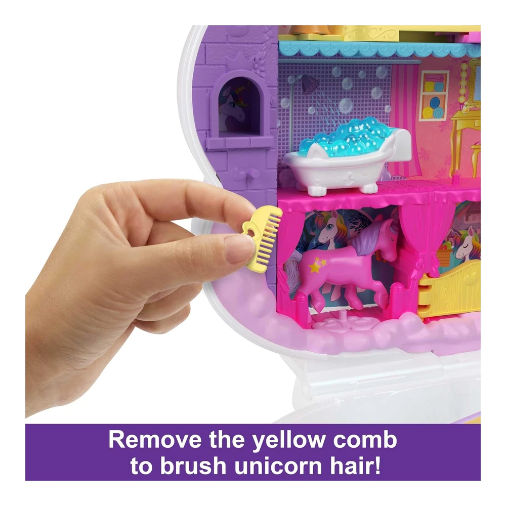 Polly Pocket Juguete de Viaje 2 En 1 - Cabeza de Salón de Unicornio Arcoíris con 2 Micro Muñecas y Más de 20 Accesorios