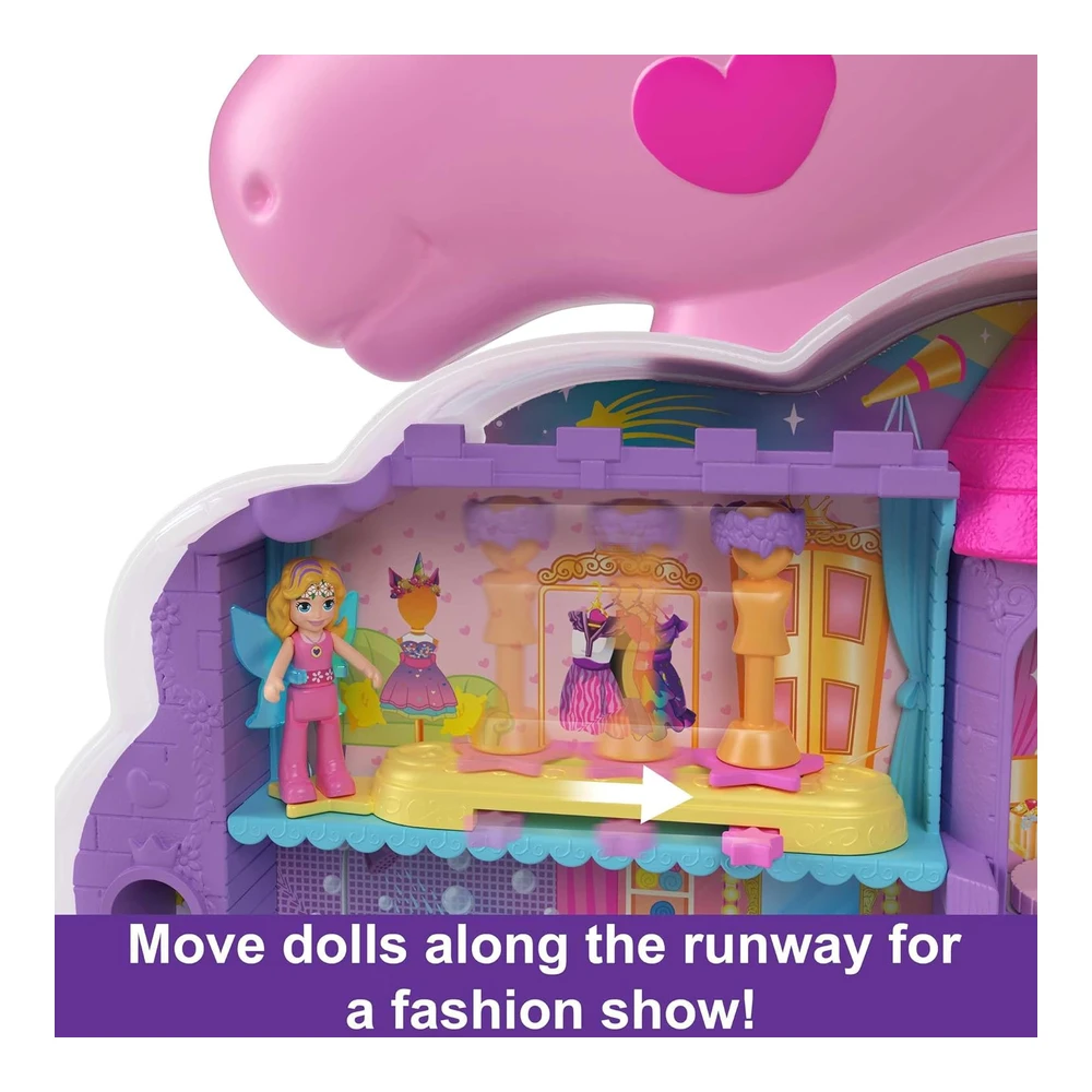 Polly Pocket Juguete de Viaje 2 En 1 - Cabeza de Salón de Unicornio Arcoíris con 2 Micro Muñecas y Más de 20 Accesorios