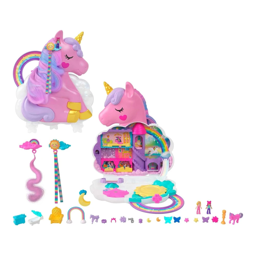 Polly Pocket Juguete de Viaje 2 En 1 - Cabeza de Salón de Unicornio Arcoíris con 2 Micro Muñecas y Más de 20 Accesorios