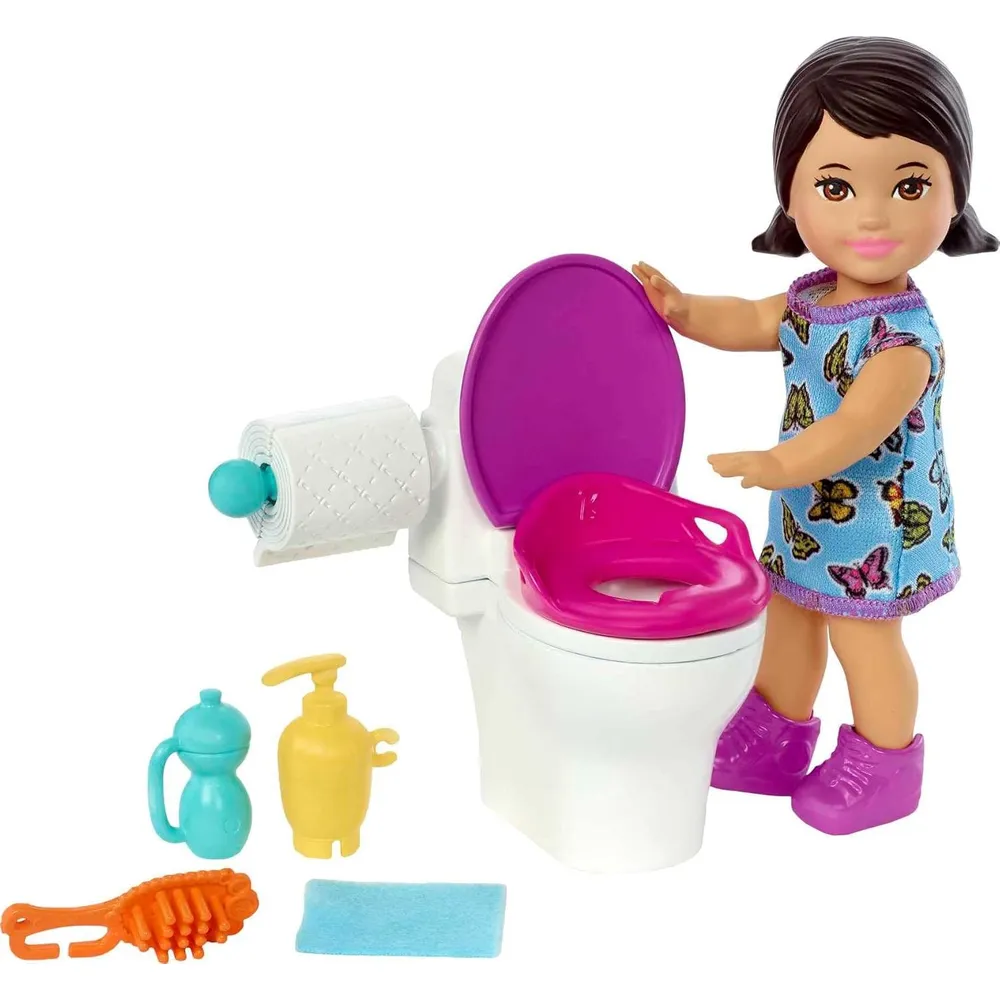 BARBIE SKIPPER BABYSITTERS SET BAÑO MUÑECA MORENA VESTIDO MARIPOSA