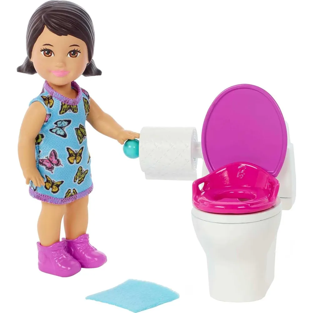 BARBIE SKIPPER BABYSITTERS SET BAÑO MUÑECA MORENA VESTIDO MARIPOSA