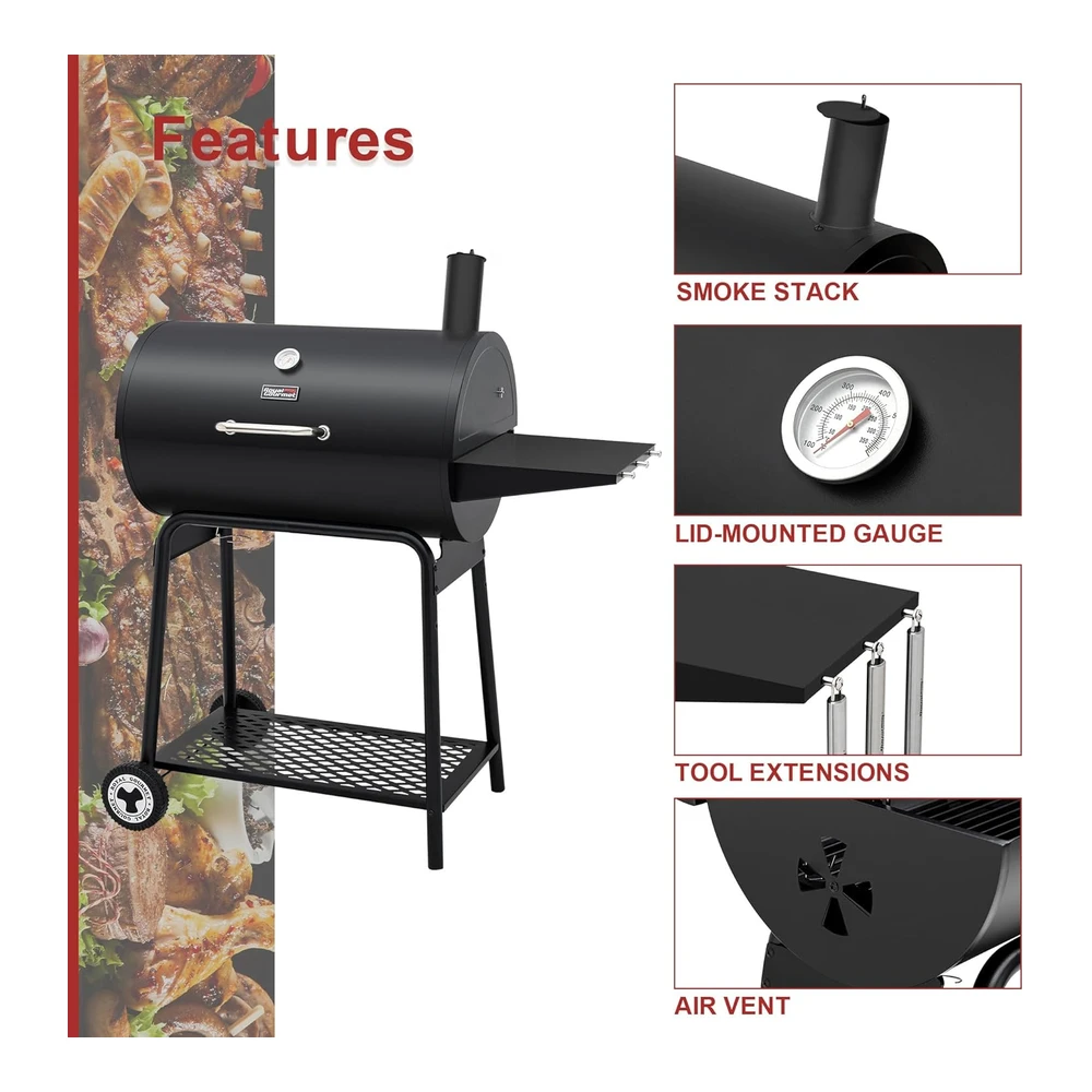 Royal Gourmet Cc1830 Parrilla de Carbón de 30 Barriles con Mesa Auxiliar - 627" Cuadradas - Patio Trasero Al Aire Libre - Patio y Fiestas - Color Negro