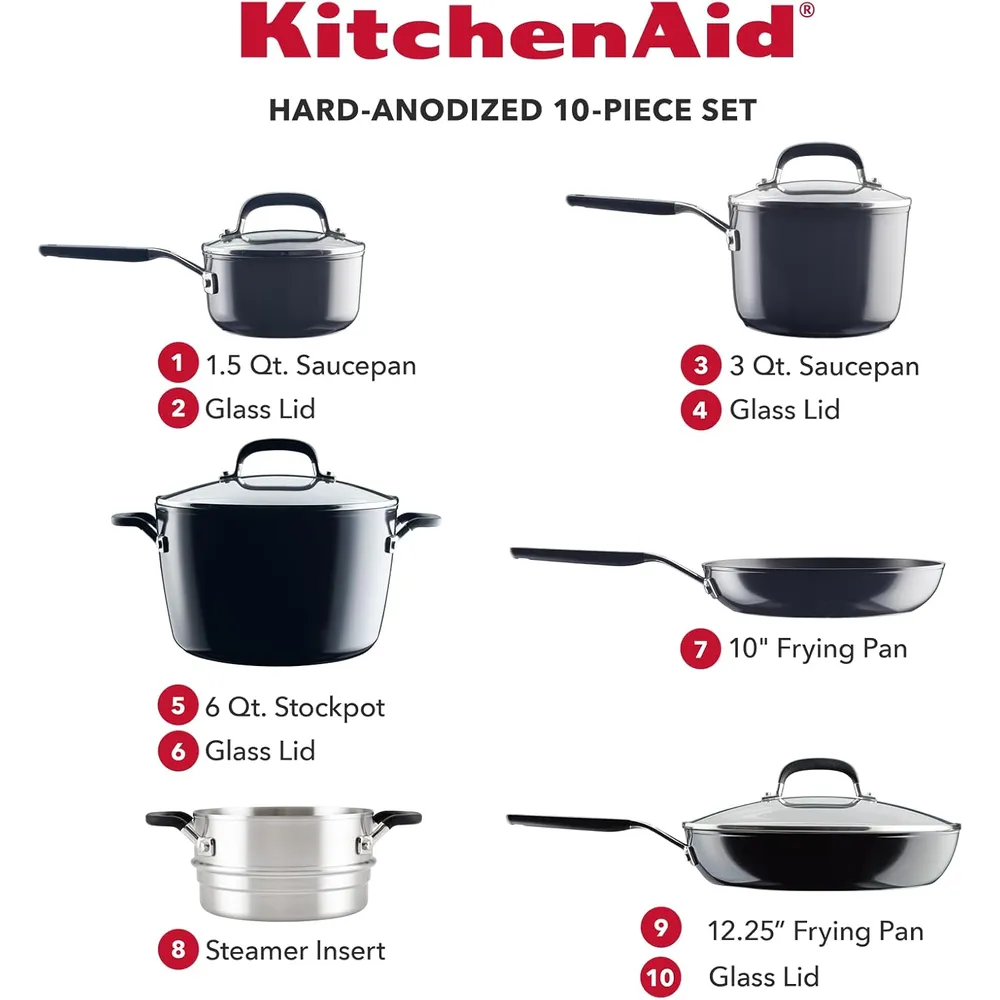 KitchenAid juego de ollas y sartenes 10 pzas, anodizado duro | Negro
