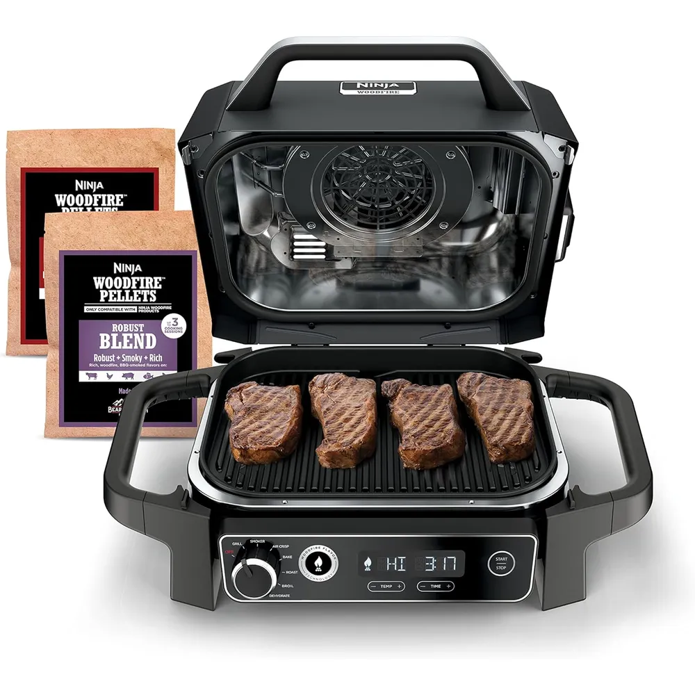 NINJA PARRILLA WOODFIRE OG701 7 EN 1, 6 FILETES / 30 SALCHICHAS | NEGRO