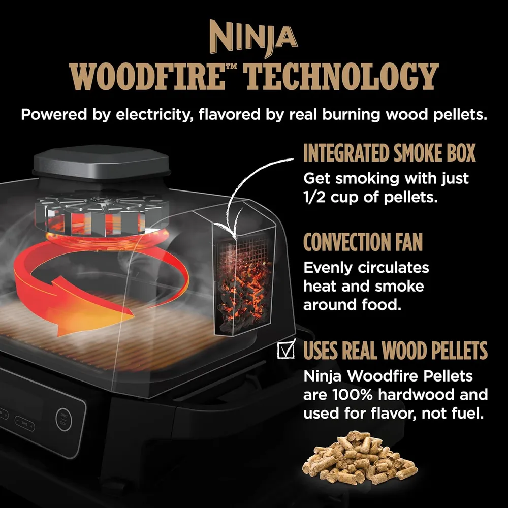 NINJA PARRILLA WOODFIRE OG701 7 EN 1, 6 FILETES / 30 SALCHICHAS | NEGRO