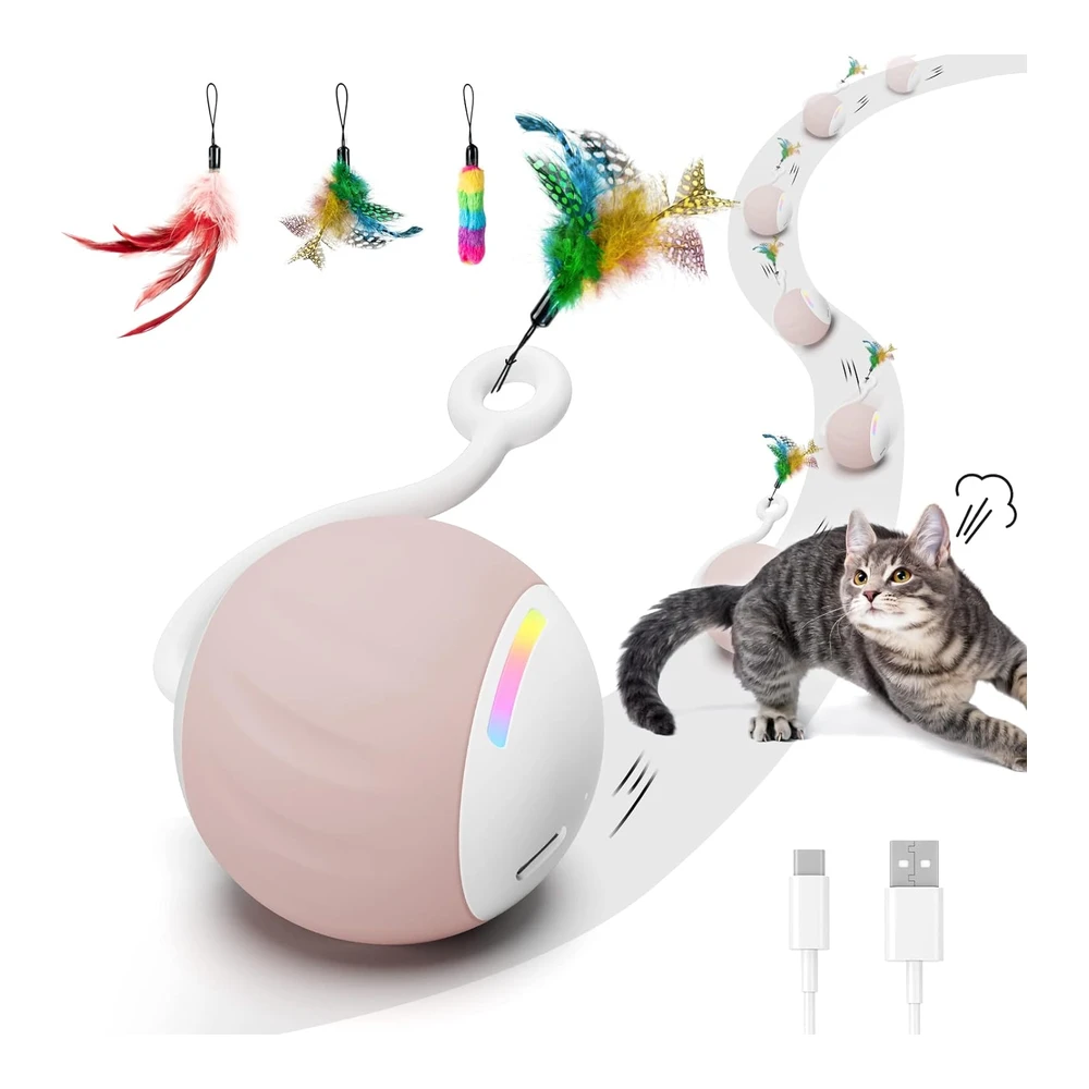 Gogodogya Juguetes para Gatos Pelota con Luces Led de Arco Iris Plumas y Cable de Carga USB Control Táctil y Control de Sonido | Multicolor